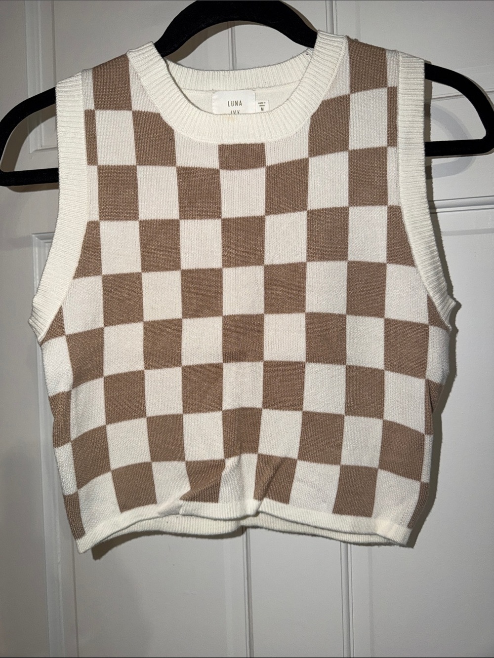 Luna Beige & Cream Checker Knit Sleeveless Tank